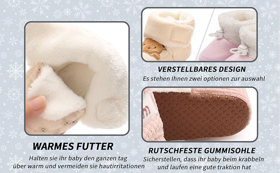 Text reads 'VERSTELLBARES DESIGN' and 'WARMES FUTTER' and 'RUTSCHFESTE GUMMISOHLE'. Split view of plush indoor slippers showing soft interior lining and textured sole.