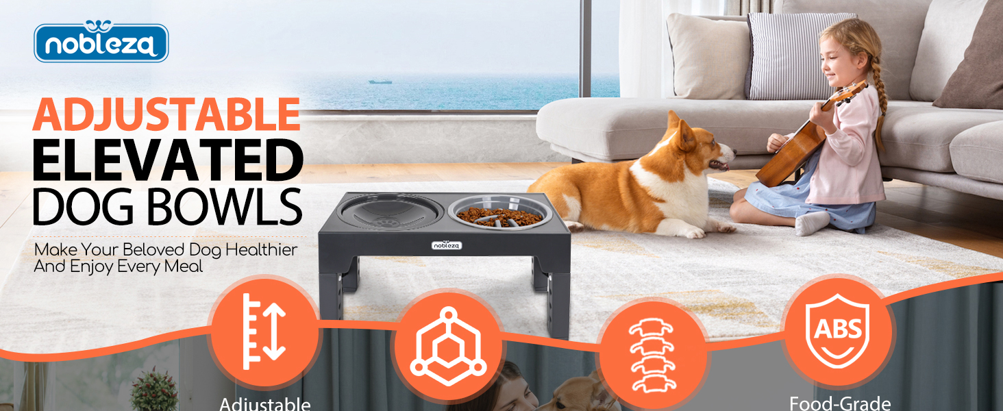 de cuencos elevados ajustables para perros Nobleza que muestra una estación de alimentación elevada con una mascota y presenta los iconos a continuación