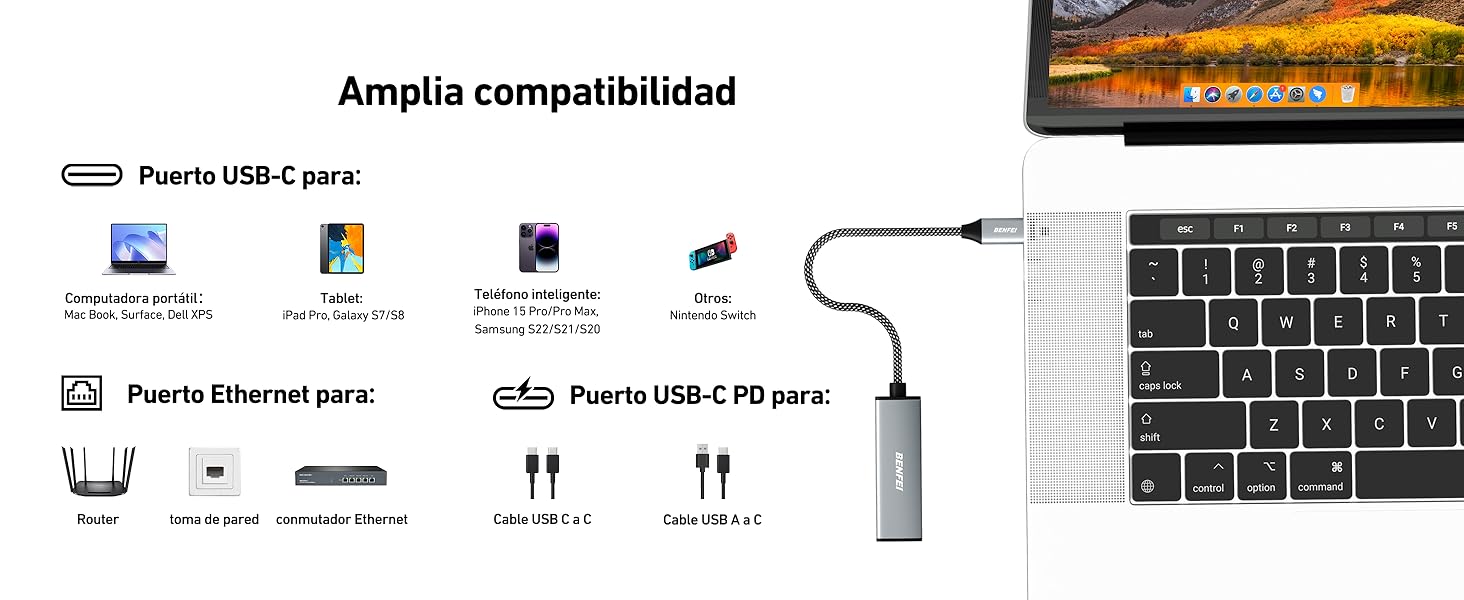 BENFEI Adaptador USB C a Ethernet Gigabit con suministro de energía de 100W