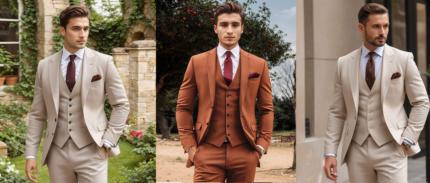 Burnt Suit 3 Pieces Slim Fit Wedding Suits for Men Sets Peak Lapel Formal Suits Man