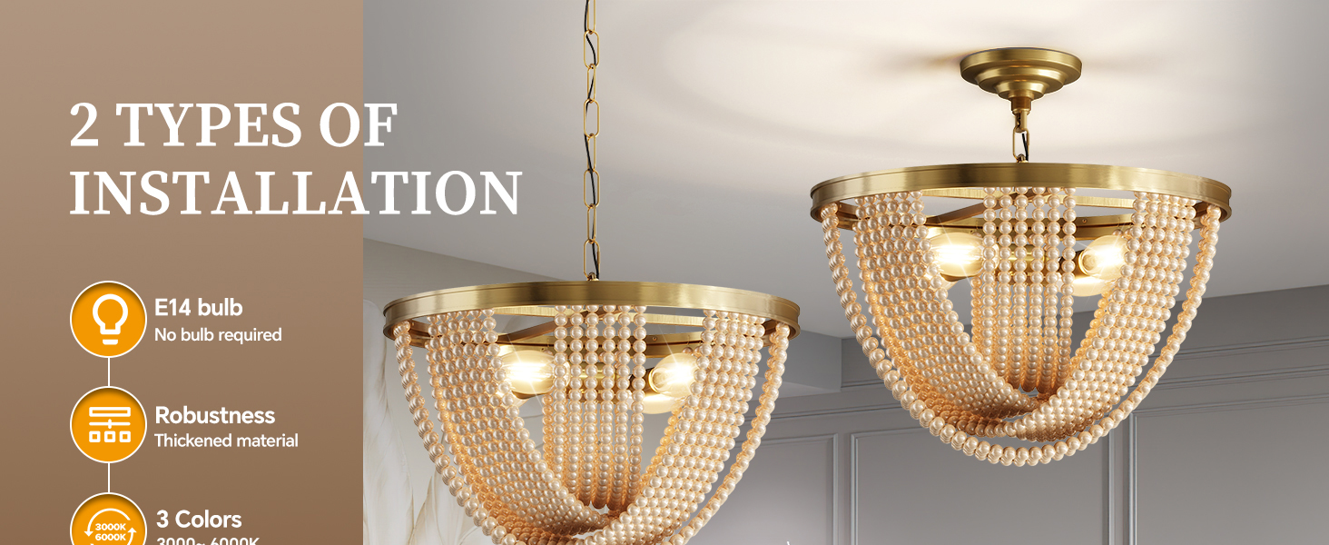 WFOTPZUK 18Inch Retro Pearl Chandelier, 3 Lights E14 Gold Chandelier Vintage Round Pendant Lighting