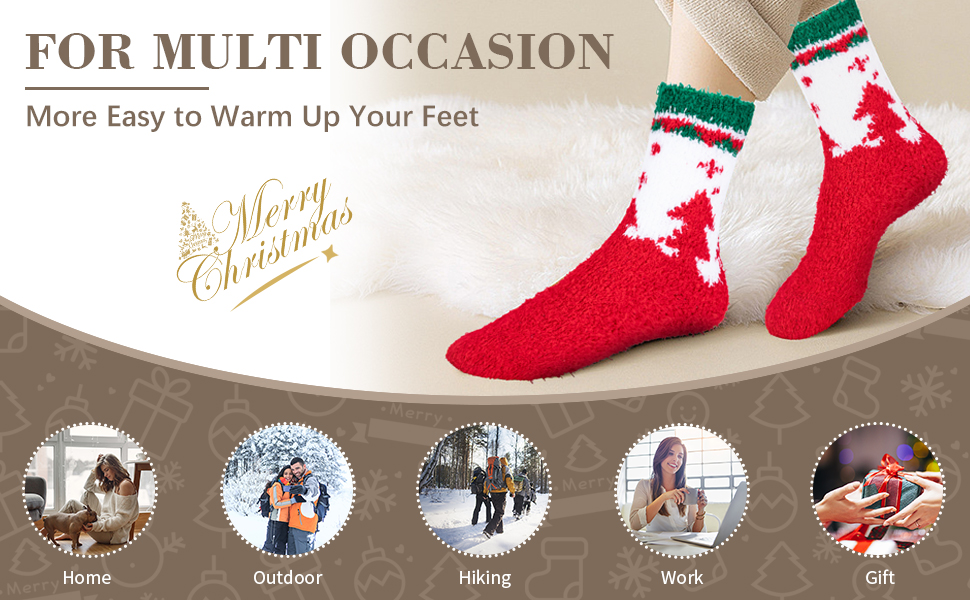 Red and white Christmas-themed socks displayed with usage icons showing various occasions: home, outdoor, hiking, work, and gift scenarios.