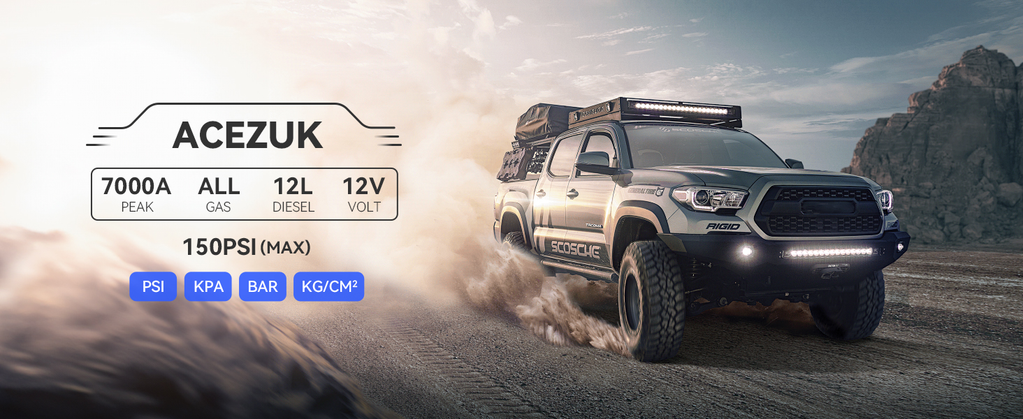Text reads: 'ACEZUK 7000A ALL 12L 12V'. Off-road vehicle shown in dramatic outdoor setting with dusty terrain and mountainous background.