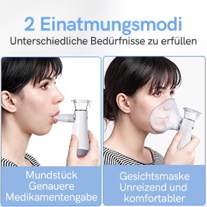 Handheld nebulizer with two modes: mouthpiece for medication and face mask for comfort. Demonstrates usage on a person's face.