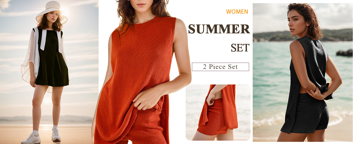 Women's 2 Piece Outfits Summer Sweater Set Sleeveless Knit Sets Two Piece Women Summer Short Sets