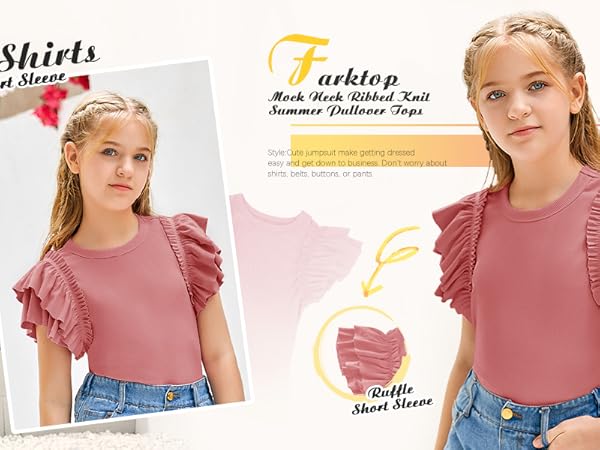 むぎちゃむFRILL HALF SLEEVE HAND KNIT TOPS Amazon.com: Girls Ruffle Short Sleeve Shirts Mock Neck