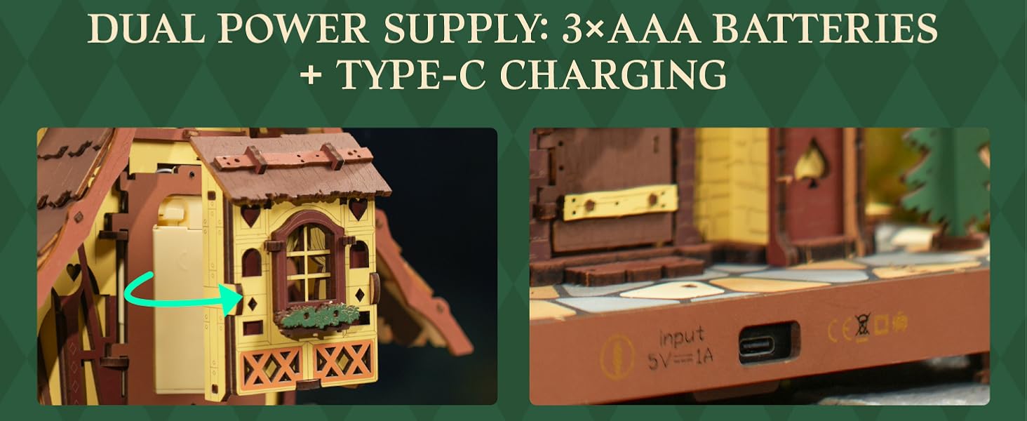 Text reads: 'DUAL POWER SUPPLY: 3×AAA BATTERIES + TYPE-C CHARGING'. Digital device specifications shown against dark background.