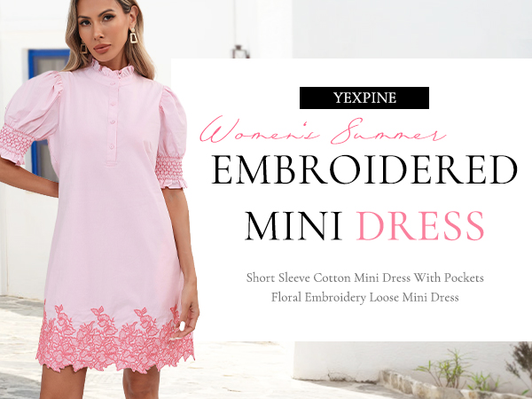 YEXPINE Women's Summer Embroidered Mini Dress Short Puff