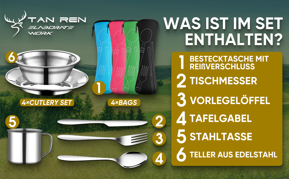 TAN REN Campingbesteck Set 4 Personen, 24 Teiliges Camping Geschirr Set ...