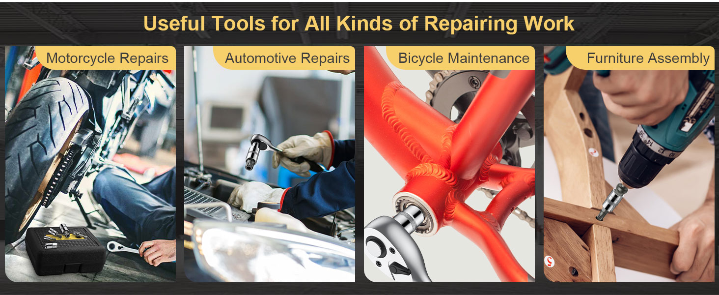 Four-panel image showing repair tools for motorcycles, cars, bicycles, and furniture. Each panel depicts hands using specific tools for different repair tasks.
