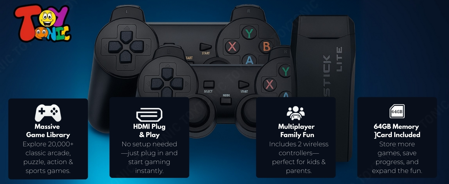 Plug and play HDMI video game stick for kids and family TV gaming fun