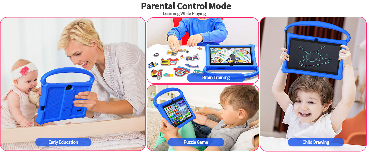Blue protective tablet case for children with handles. Shown in use by adults and children, featuring educational apps and drawing capabilities on the device screen.