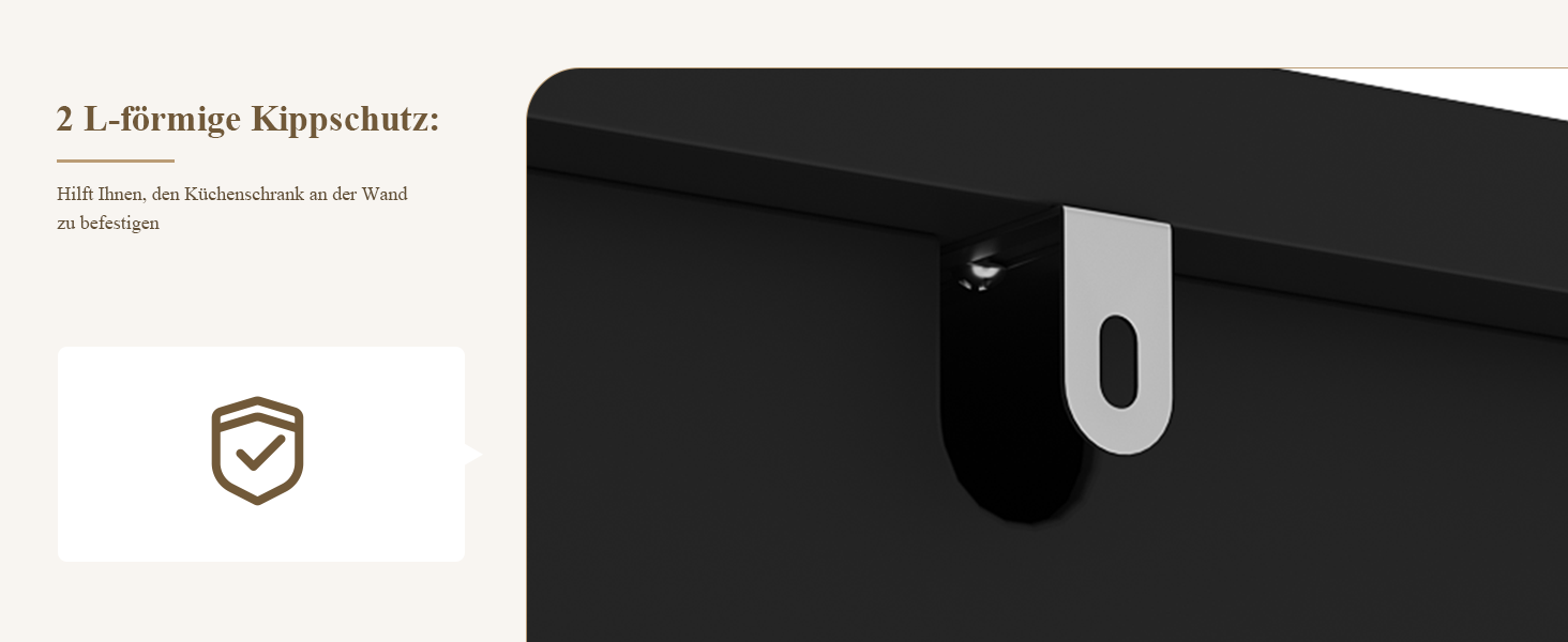 Nahaufnahme eines schwarzen Geräts mit silbernem Kippschutzmechanismus. Das Symbol eines Schildes wird angezeigt, was auf eine Sicherheits- oder Schutzfunktion hindeutet