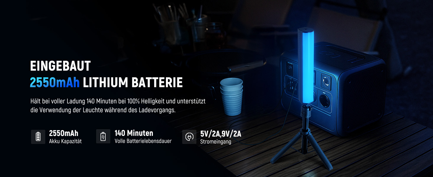 Tragbares Kraftwerk mit 2550-mAh-Lithiumbatterie. Verfügt über eine Kapazität von 2550 mAh, eine Laufzeit von 140 Minuten und eine Ausgangsleistung von 5 V/2 A/5 V/2 A. Blaues Licht