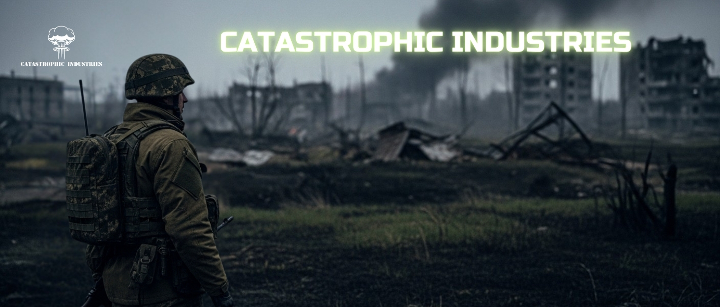 tactical warzone background with Catastrophe Industries logo representing rugged speaker brand