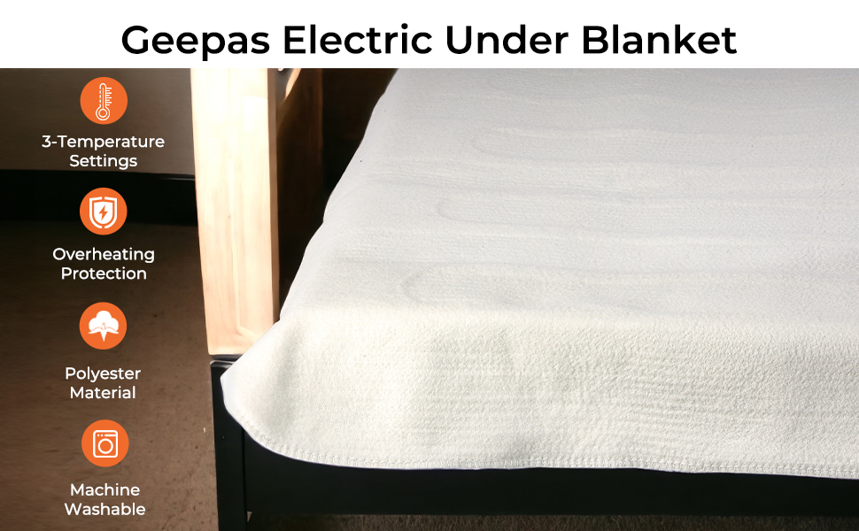 GEEPAS Electric Heated Under Blanket 65x135 cm Soft Polyester, Fully
