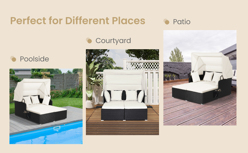 Outdoor Rattan Daybed W/Retractable Canopy