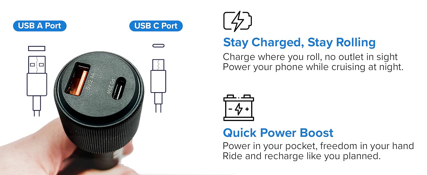 Stay charged, stay rolling. Charge where you roll, no outlet in sight, power your phone