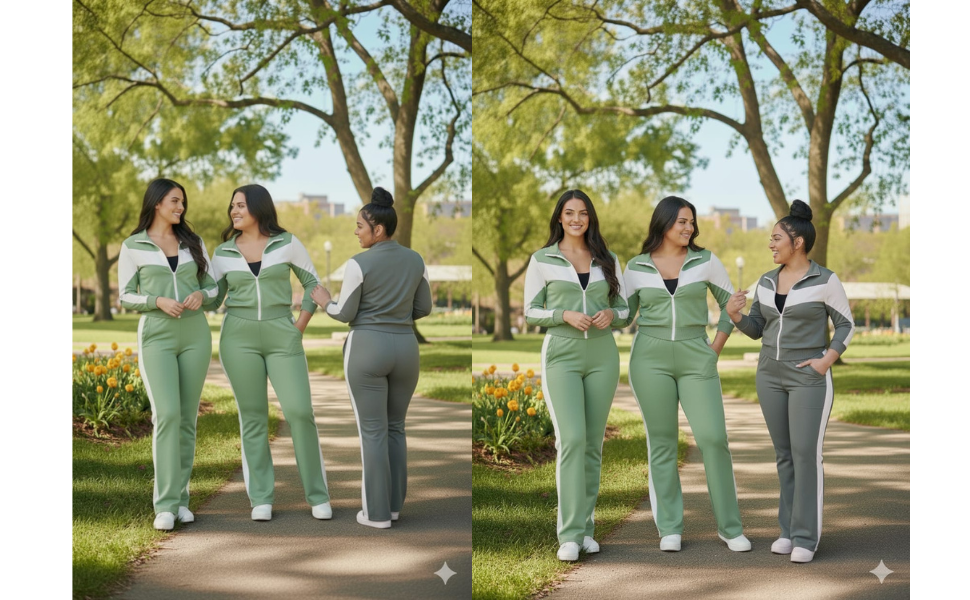 سلسلة من الصور الخارجية تُظهر مجموعة من الأشخاص يرتدون ملابس متناسقة باللون الأخضر النعناعي وبنطلونات رمادية يمشون ويتفاعلون في حديقة مع الأشجار.