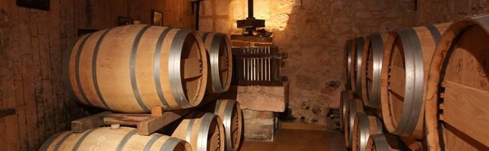 Innenaufnahmen eines Weinkellers oder Fassraums, die Reihen von Holzfässern zeigen, die in einem schwach beleuchteten unterirdischen Raum mit Steinwänden gelagert werden.