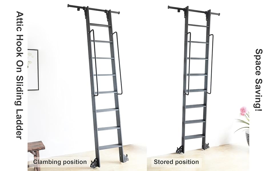 HARDJULAN 3.3FT Hook On Rolling Library Ladder Track Kit with 96" Metal