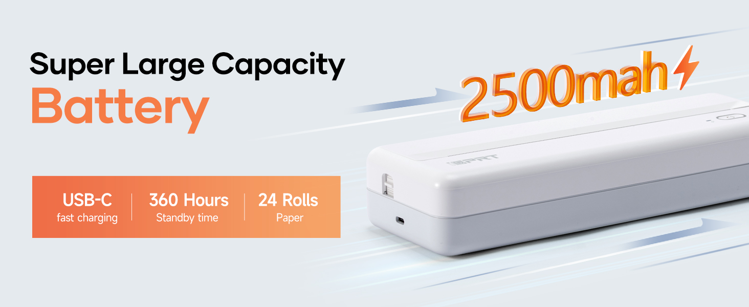 White rectangular portable battery pack with 2500mAh capacity. Features USB-C fast charging, 360 hours standby time, and 24 rolls per charge. Super large capacity emphasized.