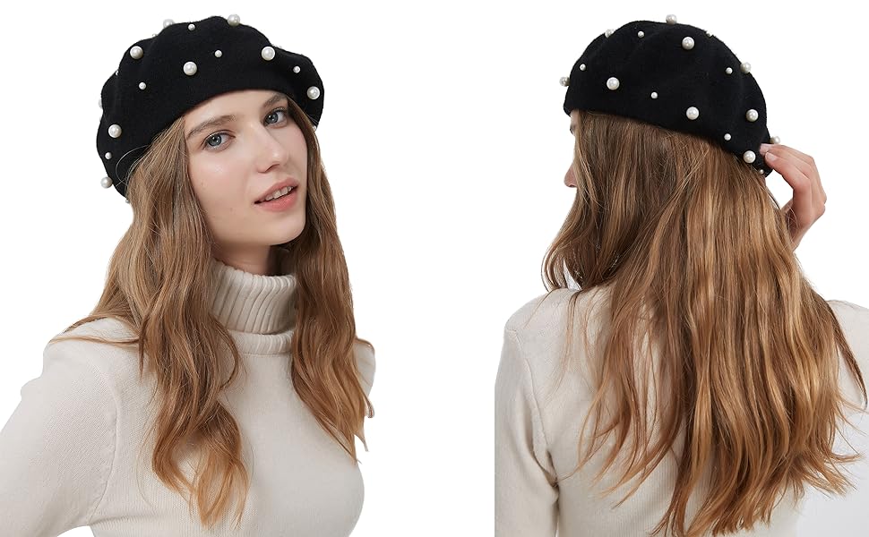 Women Beret Pearl Elegant Sweet Artist French Style Beret Beanie Cap-2