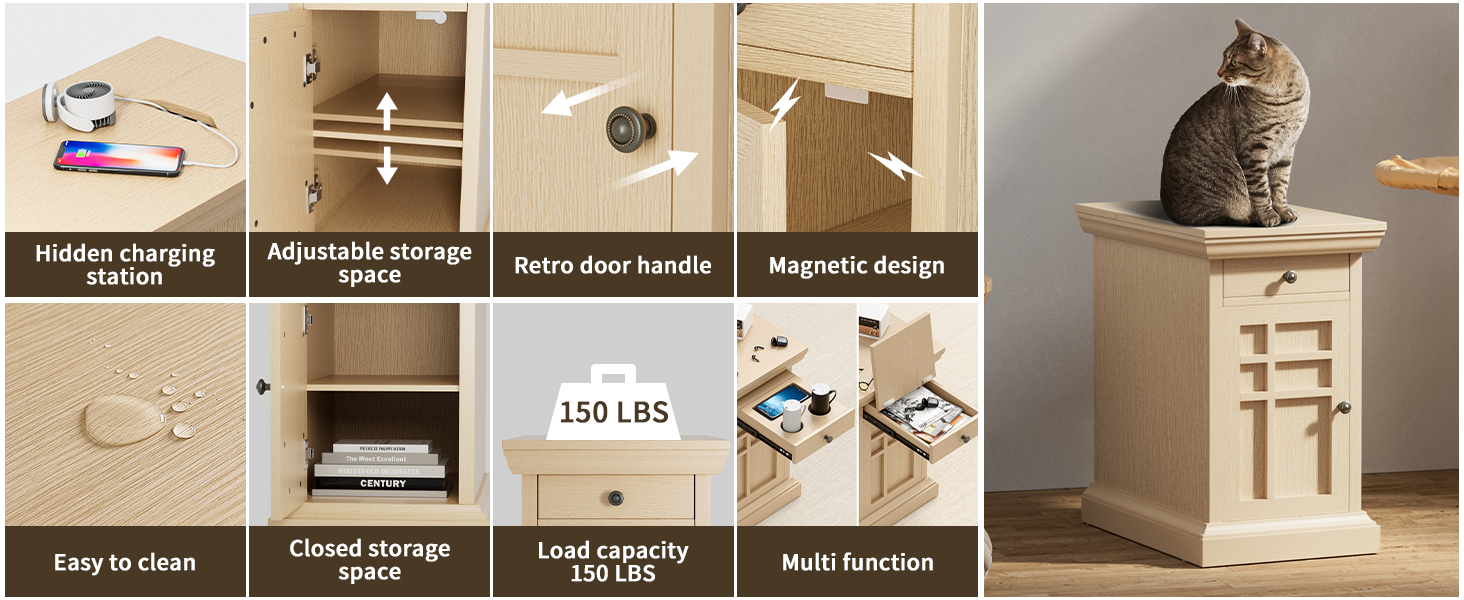 JUMMICO Side Table with Drawer & USB Ports & Power Outlets