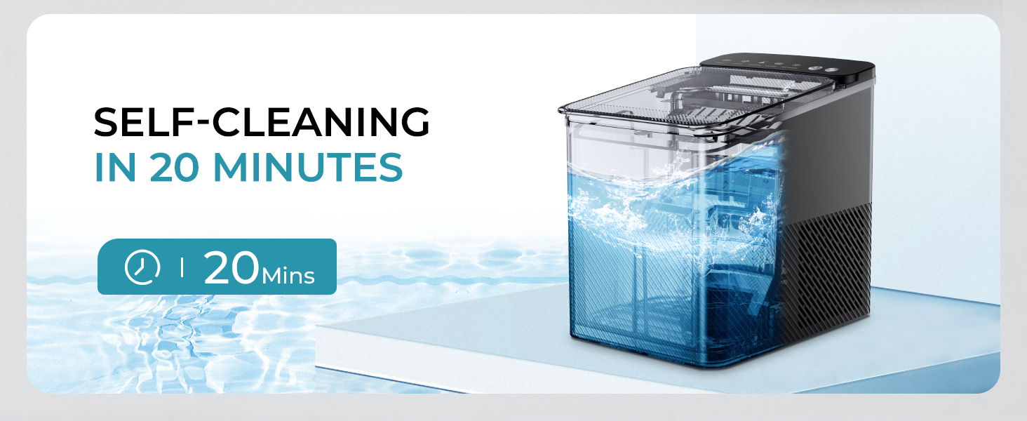 Self-cleaning device with transparent container showing water, featuring 20-minute cleaning cycle indicator.