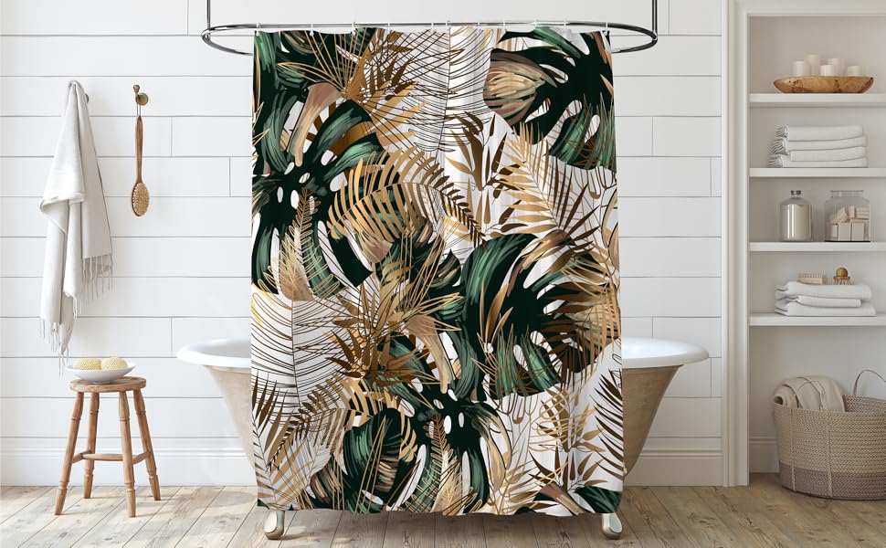 Hipposama Tropical Plant Shower Curtain, Gold Leaf