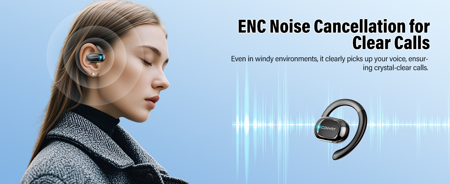 Wireless earbuds advertisement showing ENC noise cancellation feature with sound wave visualization.