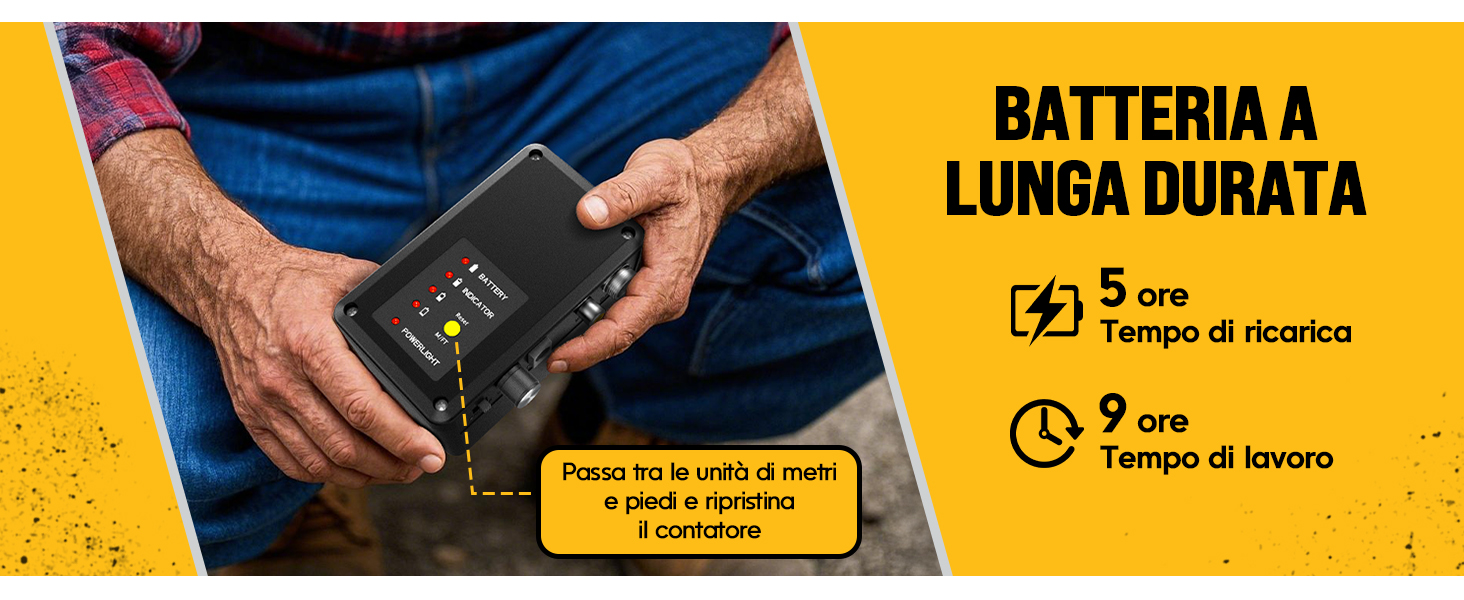 Dispositivo elettronico portatile con display, che mostra una batteria a lunga durata. Presenta un tempo di ricarica di 5 ore e un tempo di lavoro di 9 ore. Dispositivo tenuto in mano, che dimostra dimensioni compatte.