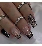 Leopard Print Nail Press ons French Tip Fake Nails Black Press on Nails Glossy Full Cover Glue on...