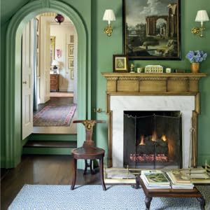 Green walls and fireplace