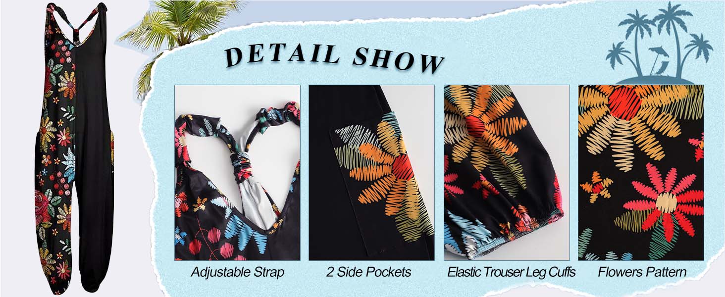 2024 Summer Womens Floral Boho Jumpsuit Sleeveless Overalls with Pockets