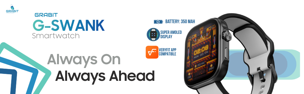 AMOLED Screen on Grabit G-SWANK Smartwatch – Sleek Glass Display and Durable Aluminum Body