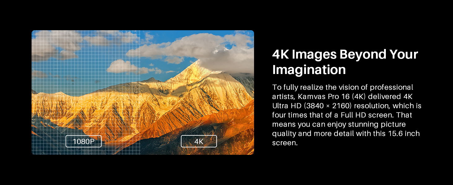 Digital display showing mountain landscape with text overlay advertising 4K image quality. Screen features gridlines and interface elements.