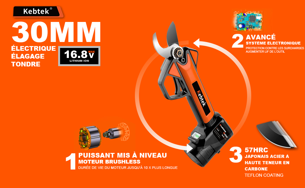 Kebtek Sécateur Électrique Sans Fil 30mm Léger, Puissant et Coupes