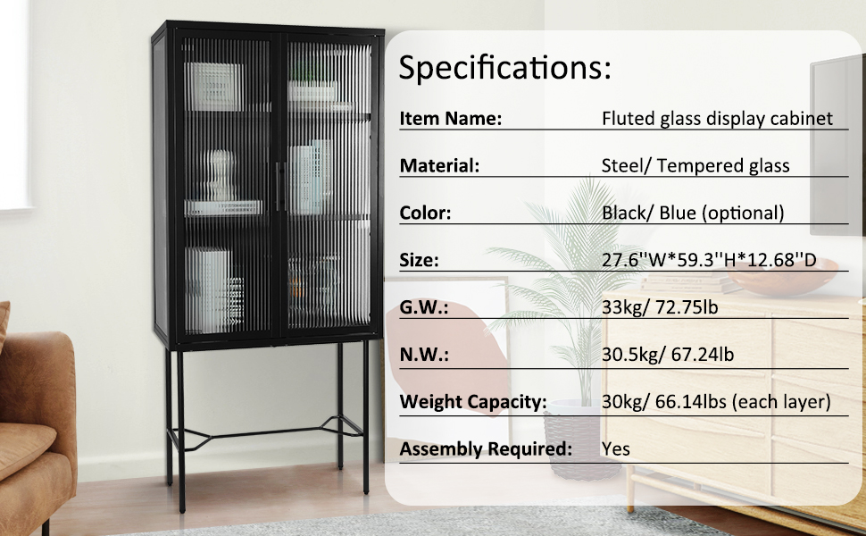 IKAYAA Tall Storage with 2 Fluted Glass Doors and 2Tier Adjustable Shelves