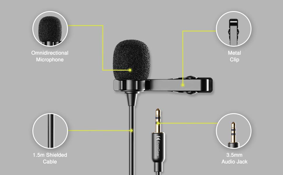 features. omnidirectional, metal clip, 1.5mm shielded cable, 3.5mm audio jack