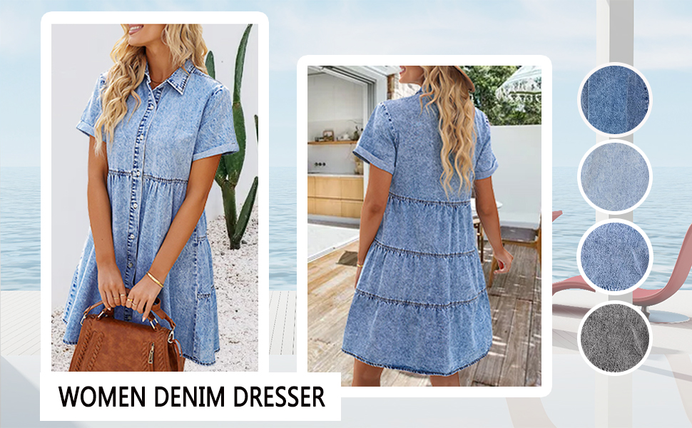 Womens Denim Dress Button Down Short Cuff Sleeve Shirt Dress Back Tiered Flowy Dress