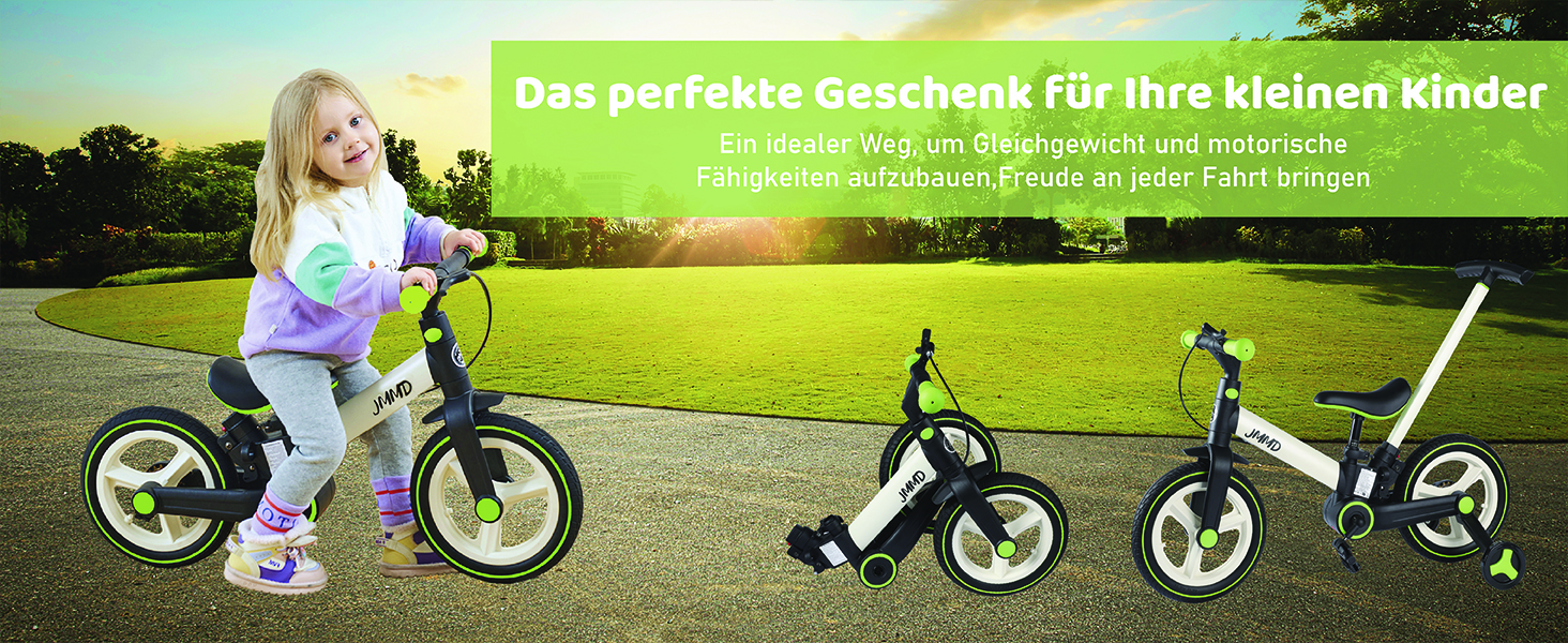 Kollektion von Laufrädern für Kinder, die auf Gras ausgestellt sind und über verstellbare Designs in den Farben Schwarz und Silber verfügen. Grünes Textbanner über dem Kopf.