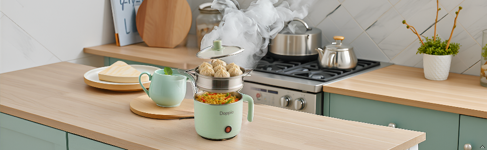 A modern kitchen countertop with various ingredients like vegetables, herbs, and spices spread out,