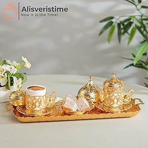 Complete Coffee Set, Golden Cups, Sugar Bowl, Serving Tray, Authentic Experience