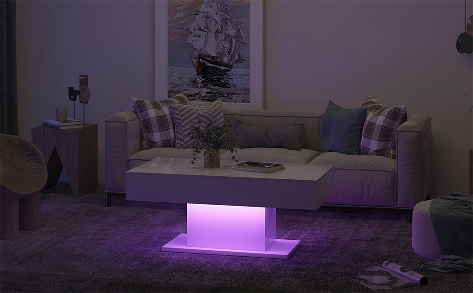 Hironpal White LED Coffee Table for Living Room High Gloss Coffee Table
