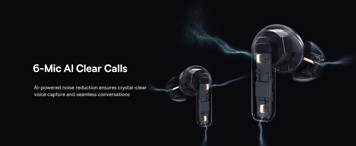 Text reads 'G-Mic AI Clear Calls'. Additional view of the same microphone equipment with transparent spherical elements in dramatic lighting.