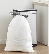 Rectangular trash compactor with metallic finish. Features a white compactor bag pulled out, demonstrating its waste compression capability.