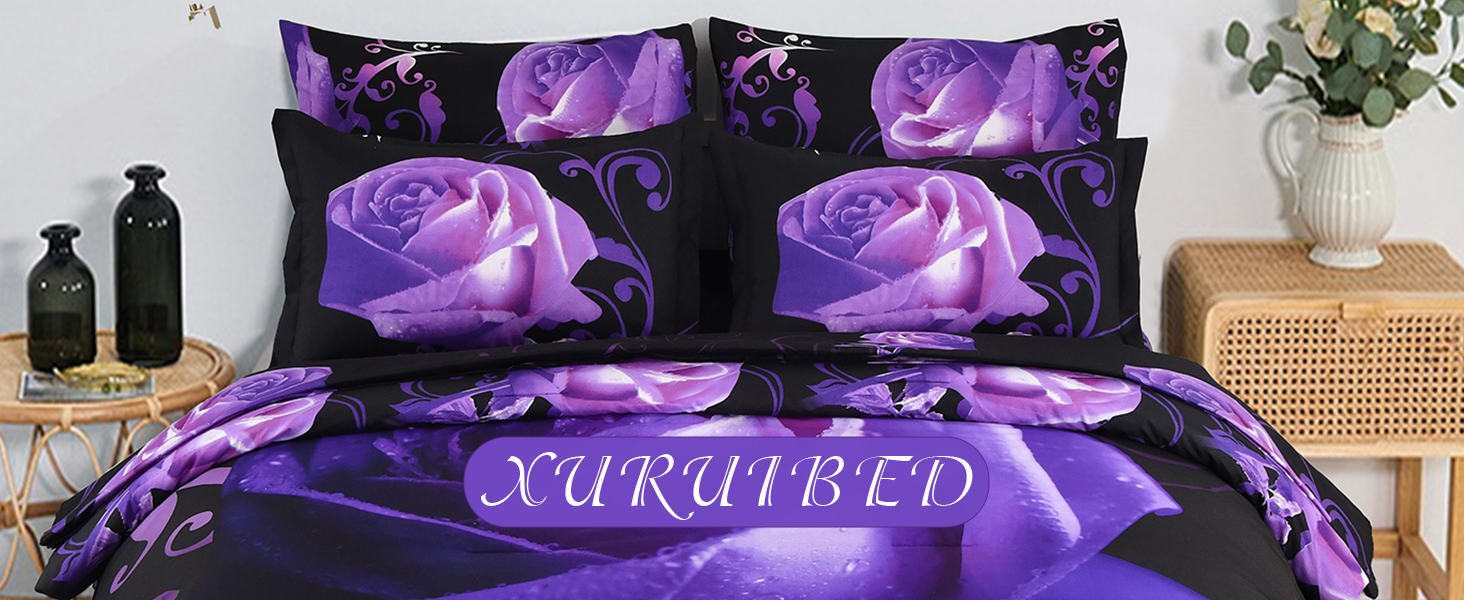 Rose Comforter Queen King Size Floral 7PCs Bed in a Bag