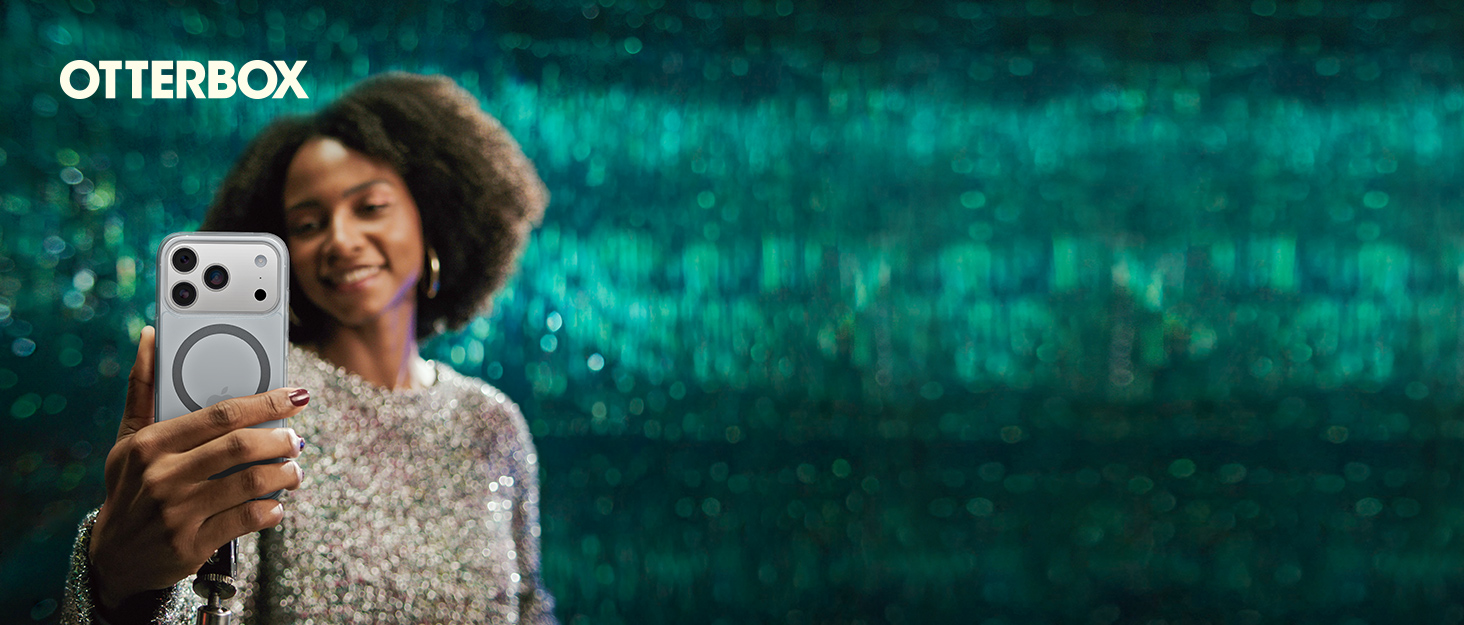 Text reads 'OTTERBOX'. Series of promotional photos showing a phone case in various outdoor settings with a teal/turquoise background.