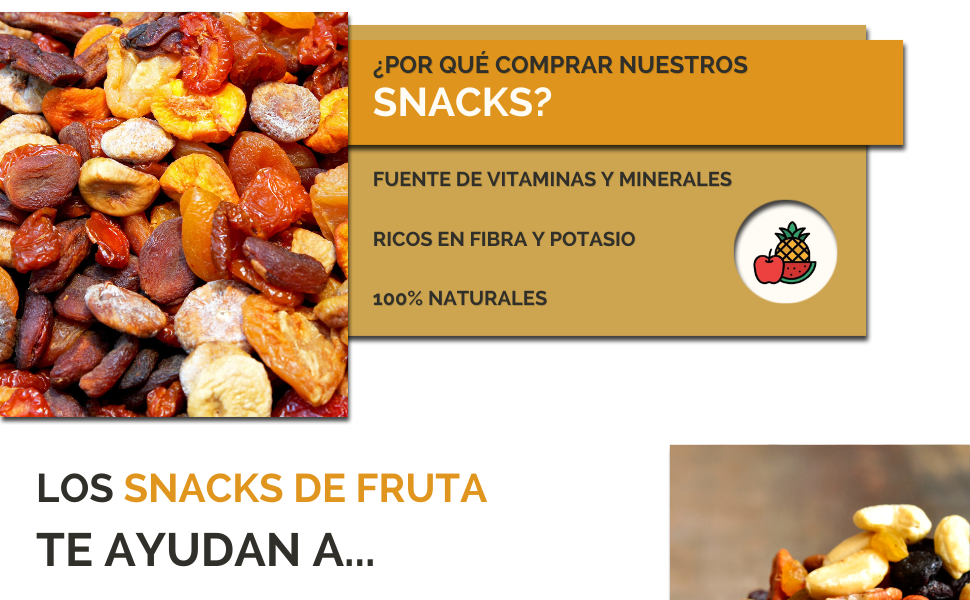 Surtido de frutos secos y frutos secos con texto que destaca sus beneficios como bocadillos, incluido el contenido de vitaminas, minerales, fibra y potasio